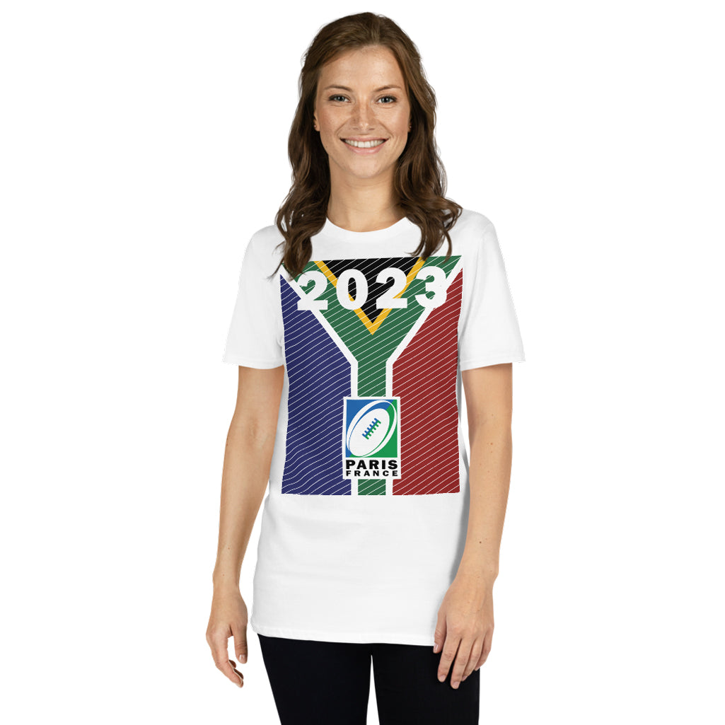 2023 South Africa Springboks Rugby World Cup Champions | Unisex Softstyle T-Shirt - white female model