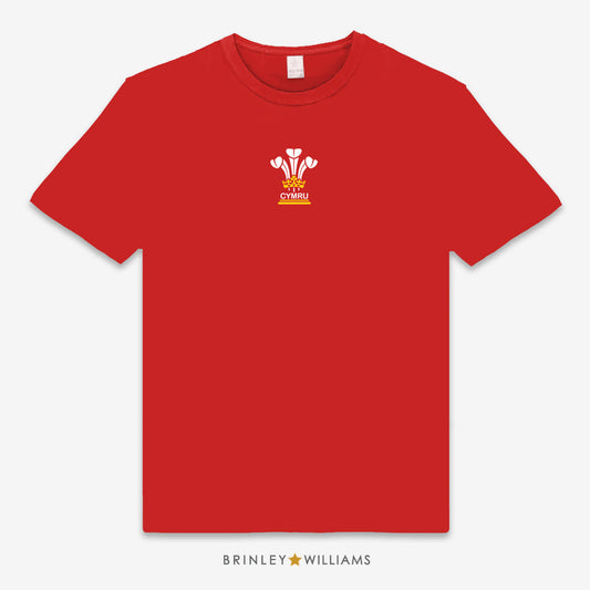 Red unisex t-shirt printed with a 3 feathers Cymru design in the center of the chest