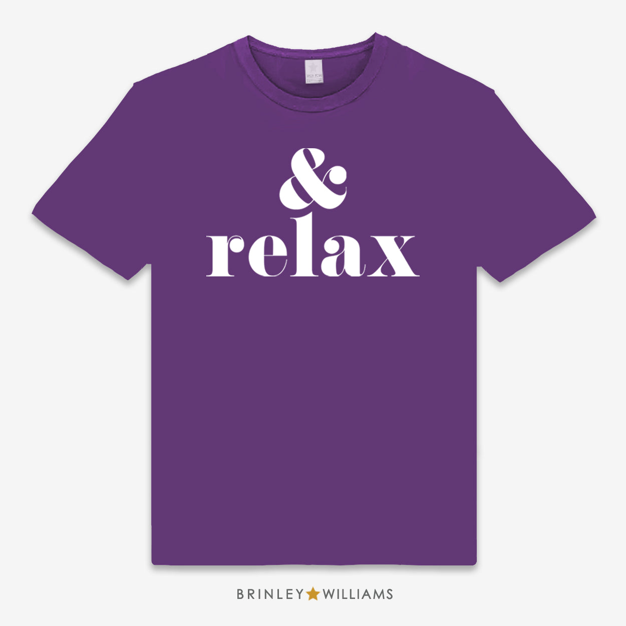Purple unisex t-shirt with 'and relax' text printed in white on the front