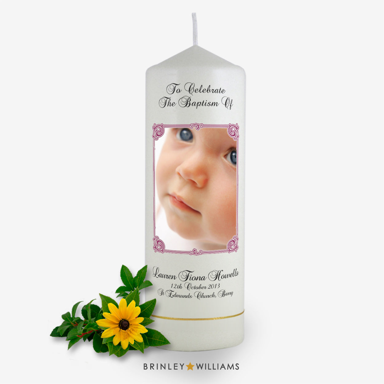 Art Nouveau Photo Frame Personalised Baptism Candle - Burgundy