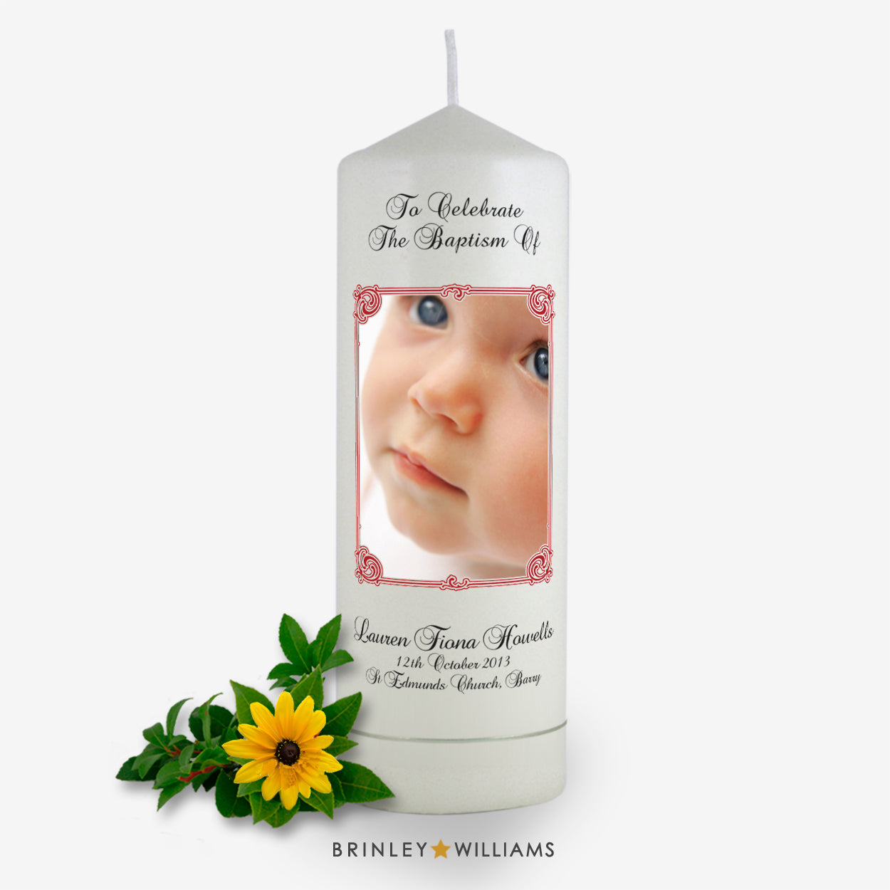 Art Nouveau Photo Frame Personalised Baptism Candle - Scarlet
