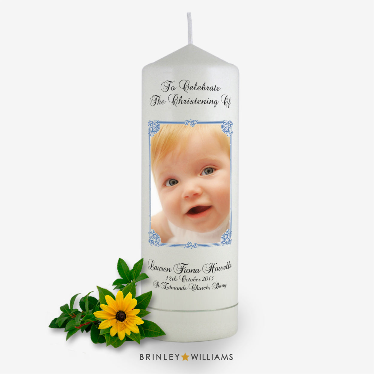 Art Nouveau Photo Frame Personalised Christening Candle - Sky Blue
