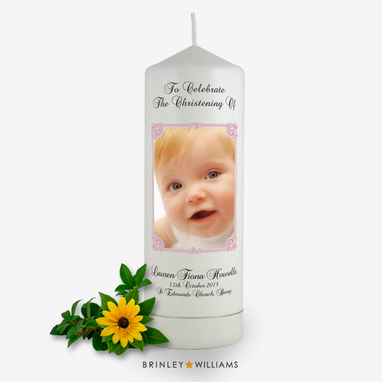 Art Nouveau Photo Frame Personalised Christening Candle - Soft Pink
