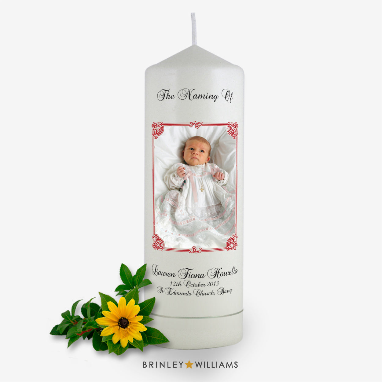 Art Nouveau Personalised Photo Frame Naming Day Candle - Scarlet