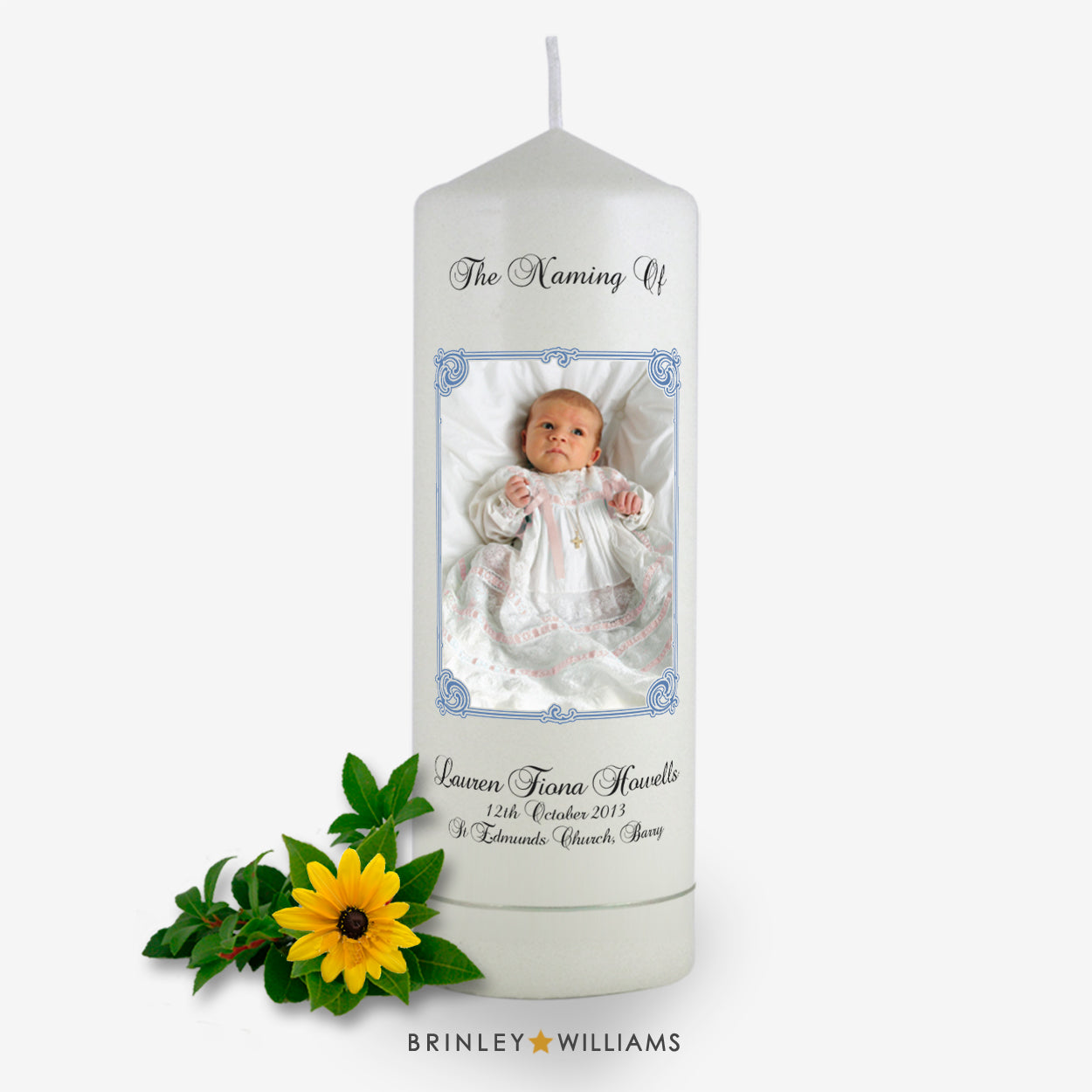 Art Nouveau Personalised Photo Frame Naming Day Candle - Sky Blue