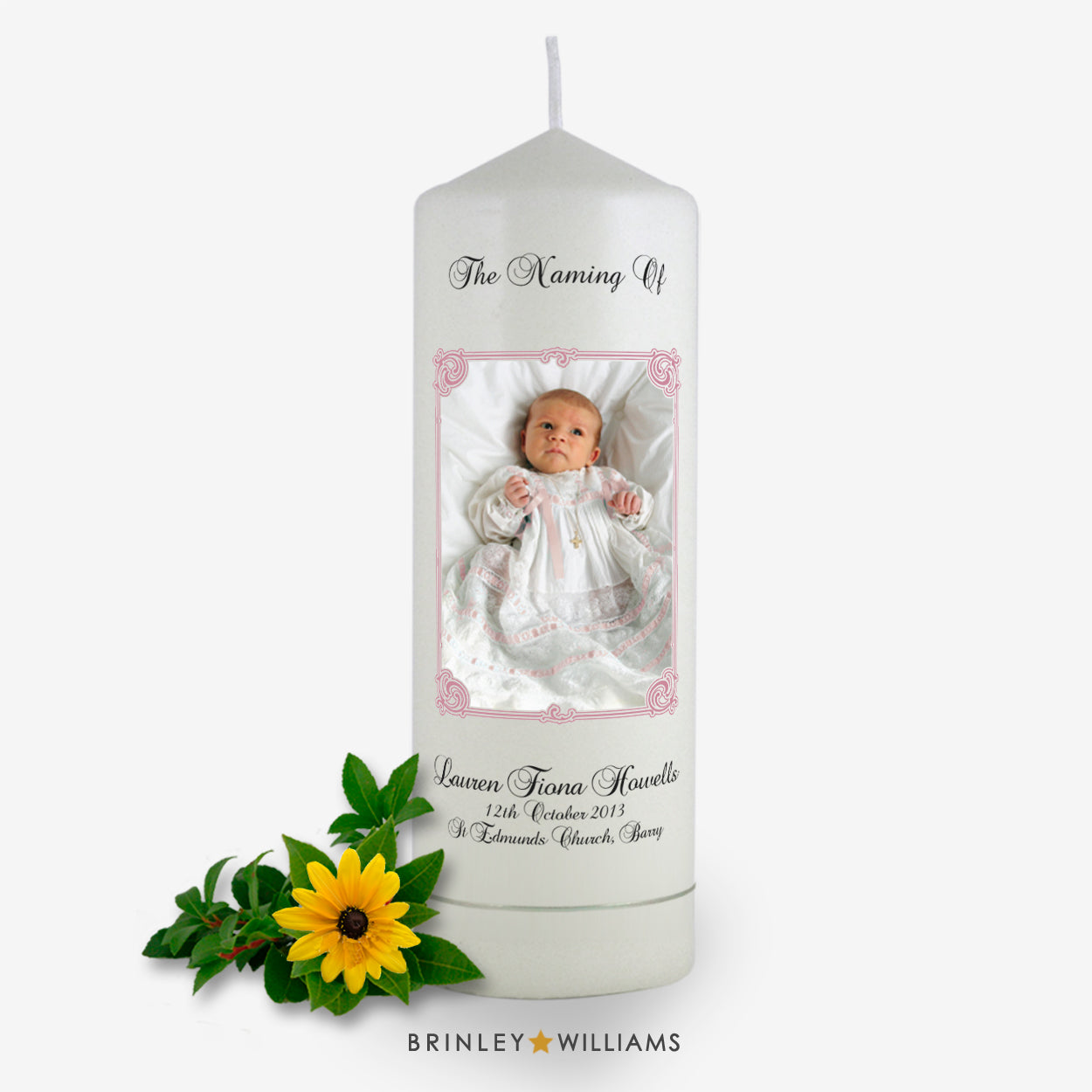 Art Nouveau Personalised Photo Frame Naming Day Candle - Soft Pink