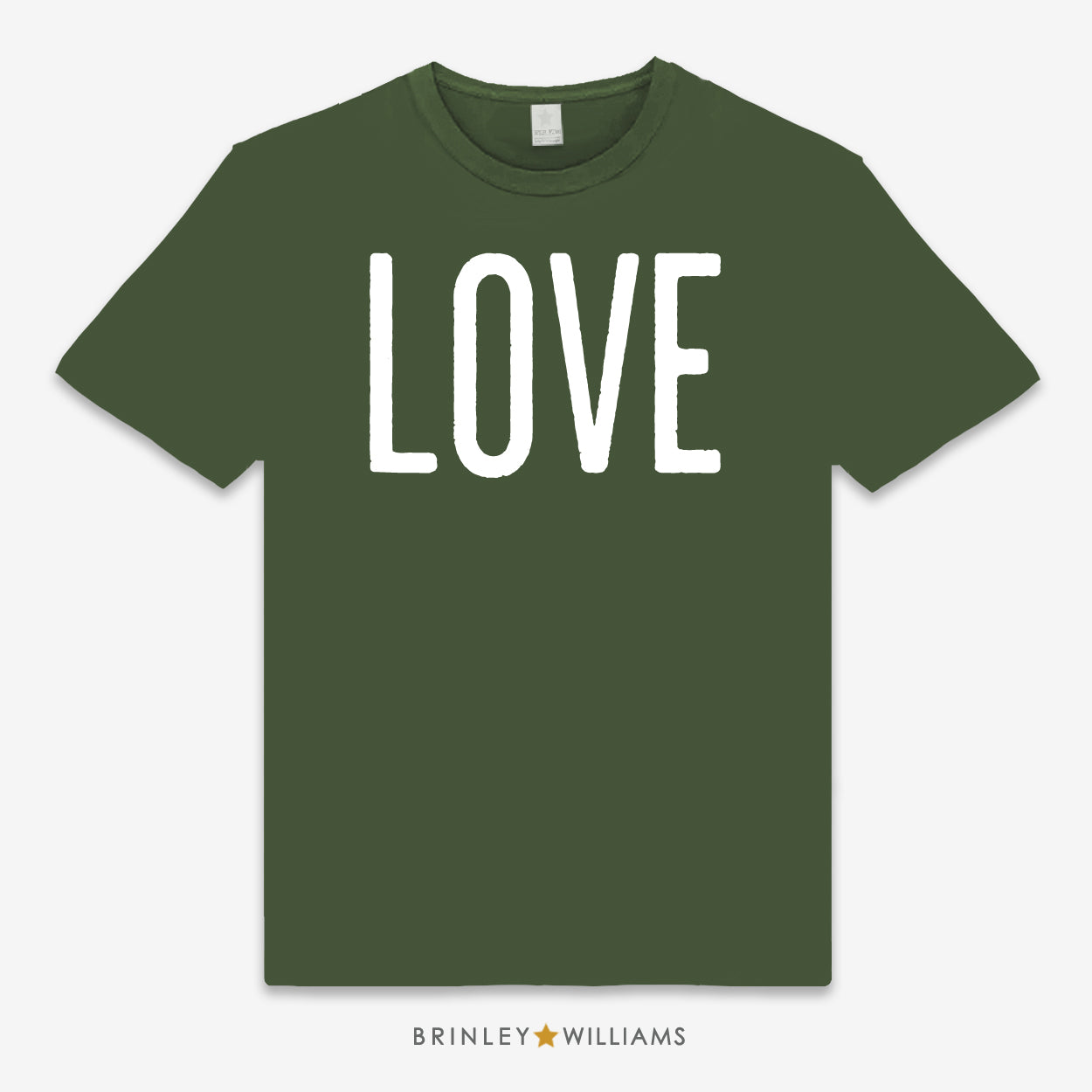 Military Green Unisex t-shirt with a white 'LOVE' design printed on it