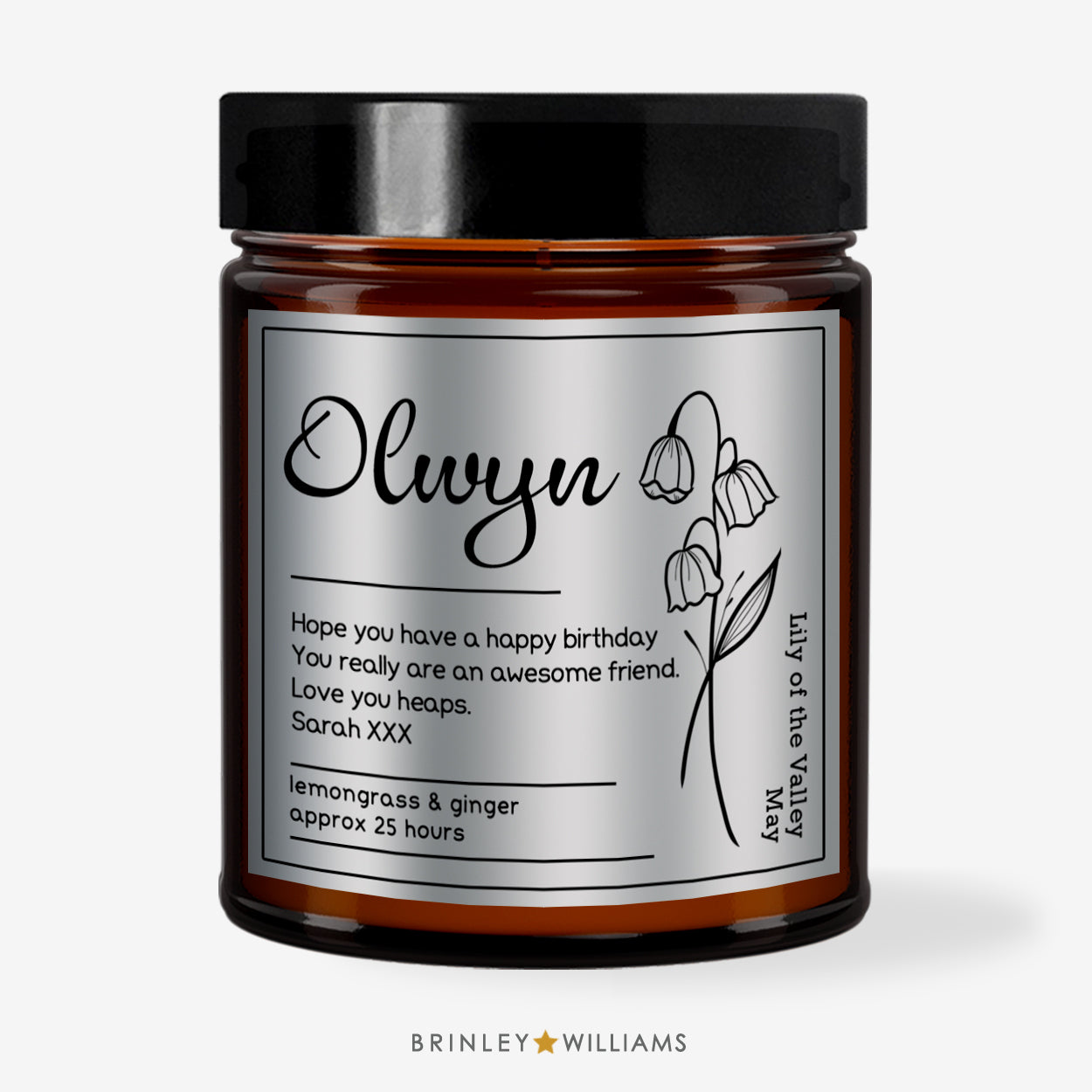 Birth Flower Personalised Scented Amber Candle - Silver Foil