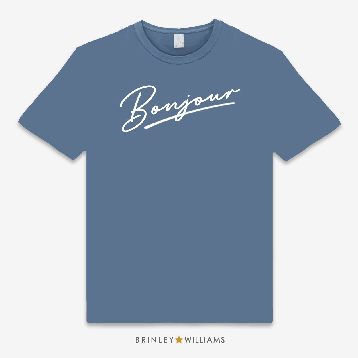 Indigo Blue Unisex t-shirt with 'Bonjour' text design printed on the front