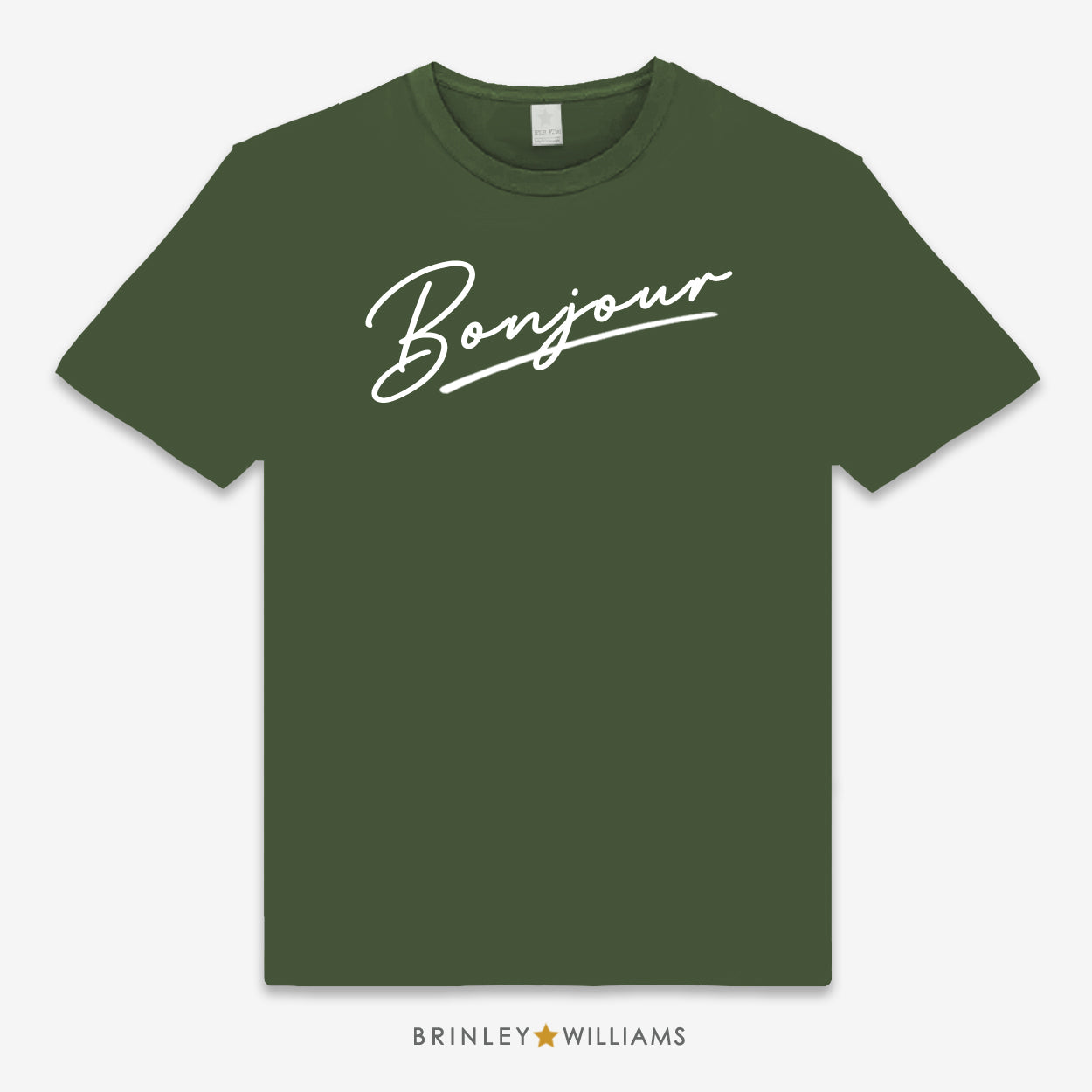 Military Green Unisex t-shirt with 'Bonjour' text design printed on the front