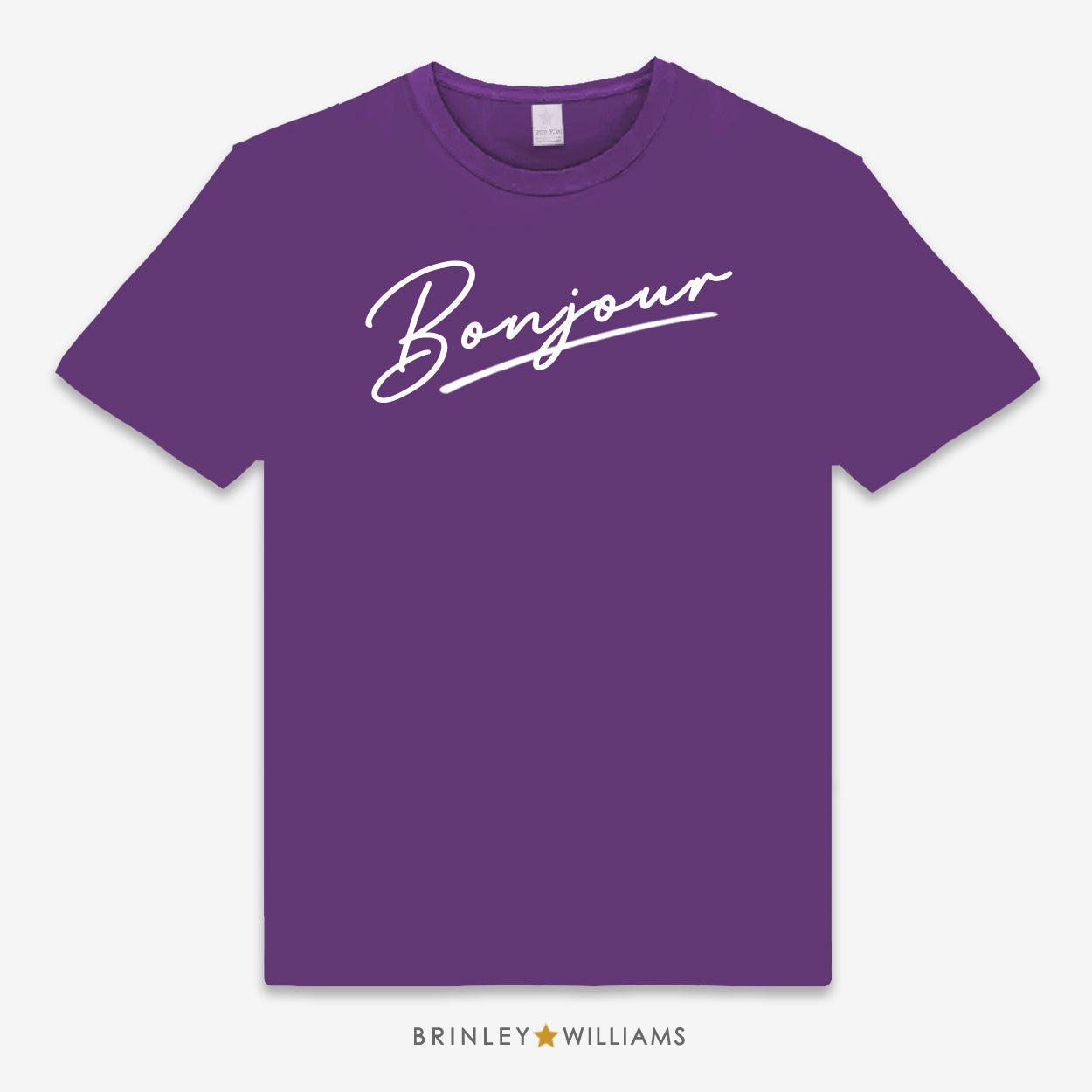 Purple Unisex t-shirt with 'Bonjour' text design printed on the front