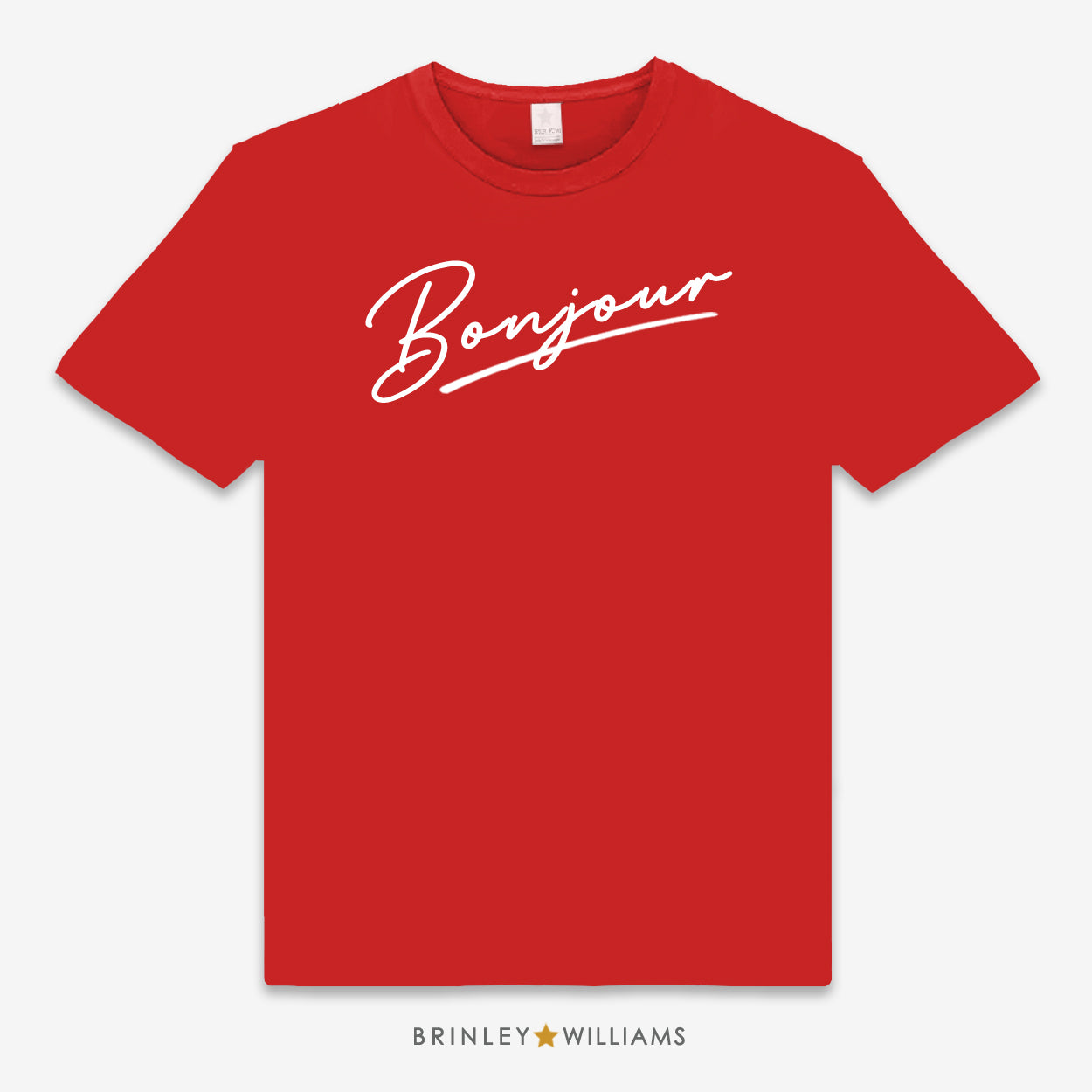 Fire Red Unisex t-shirt with 'Bonjour' text design printed on the front