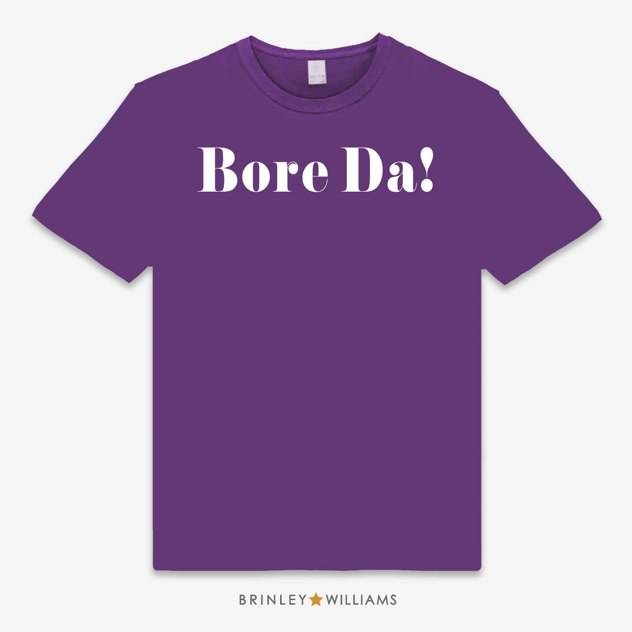 Purple unisex t-shirt with 'Bore Da!' text design printed on the front in white