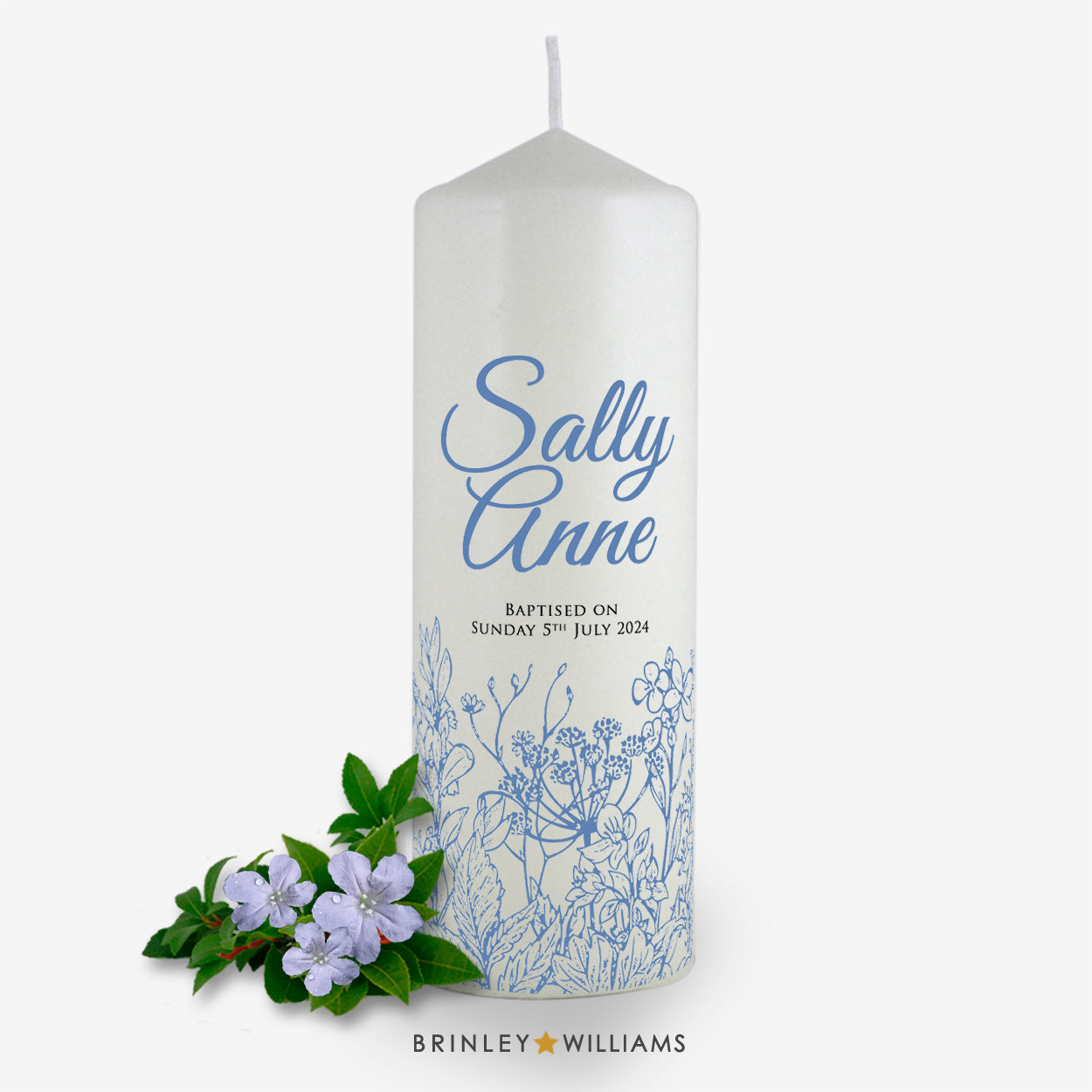 Botanicals Personalised Baptism Candle - Sky Blue