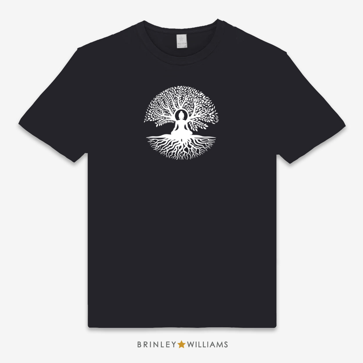 Black unisex t-shirt with a white buddha tree design on the front