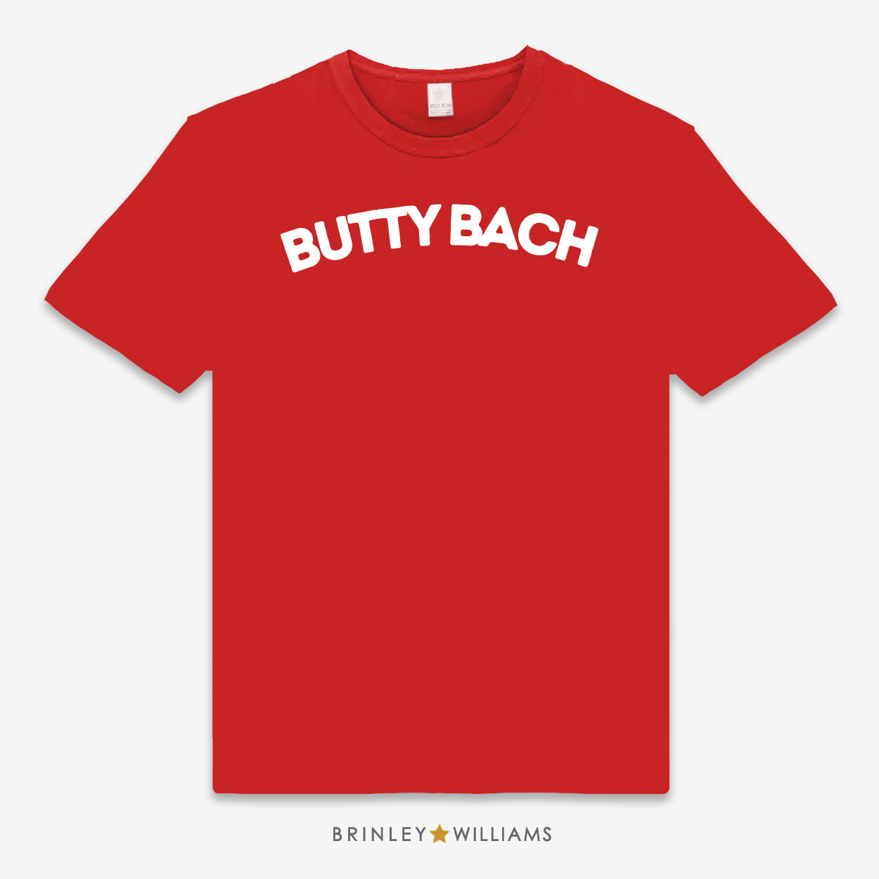 Red unisex t-shirt printed with 'BUTTY BACH' text design on the front