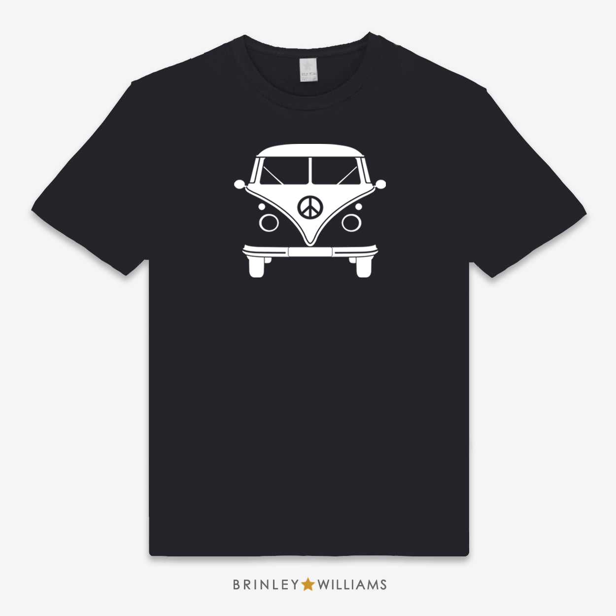Black Unisex t-shirt with a white camper van and peace symbol design, branded 'Brinley Williams'.