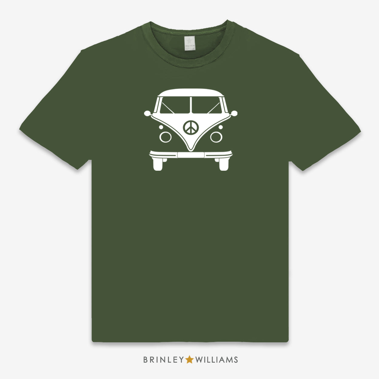 Military Green Unisex t-shirt with a white camper van and peace symbol design, branded 'Brinley Williams'.