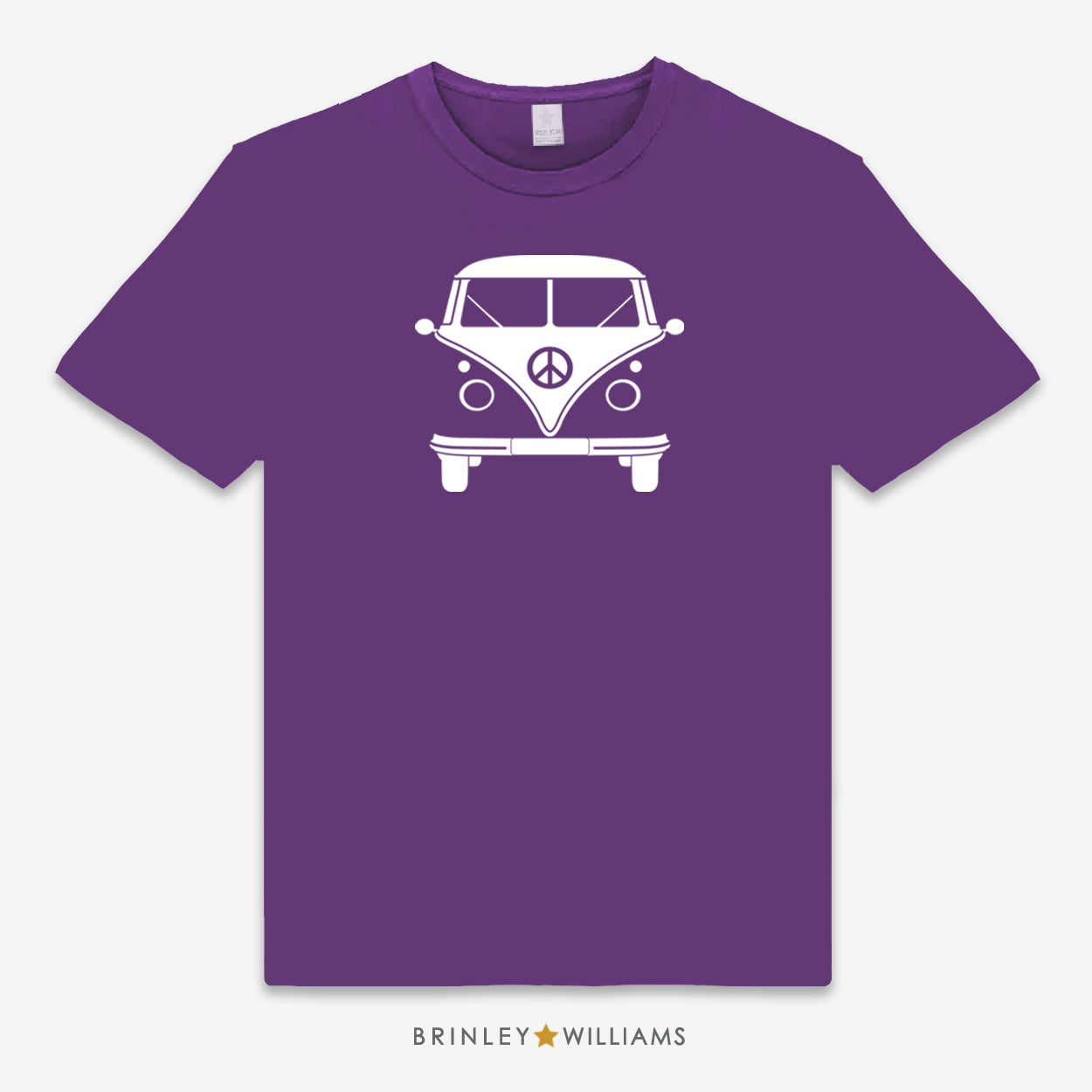 Purple Unisex t-shirt with a white camper van and peace symbol design, branded 'Brinley Williams'.