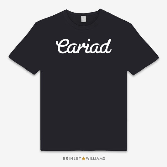 Black unisex t-shirt with 'Cariad' printed in white