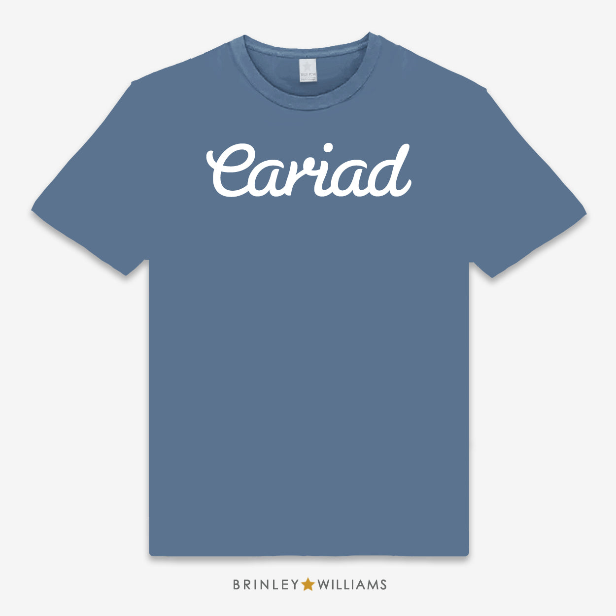 Blue unisex t-shirt with 'Cariad' printed in white