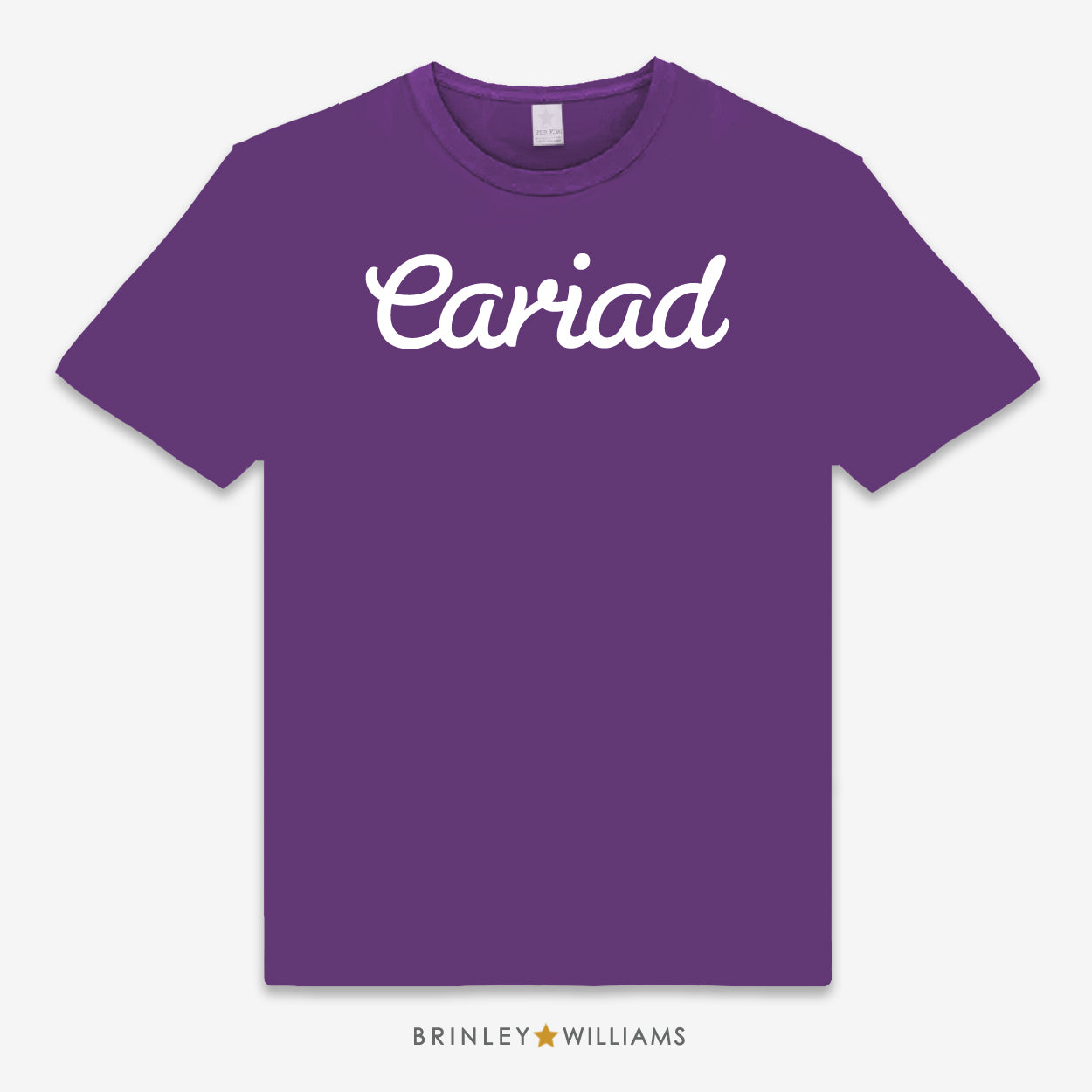 Purple unisex t-shirt with 'Cariad' printed in white