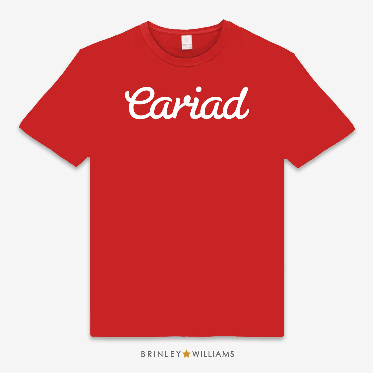 Red unisex t-shirt with 'Cariad' printed in white