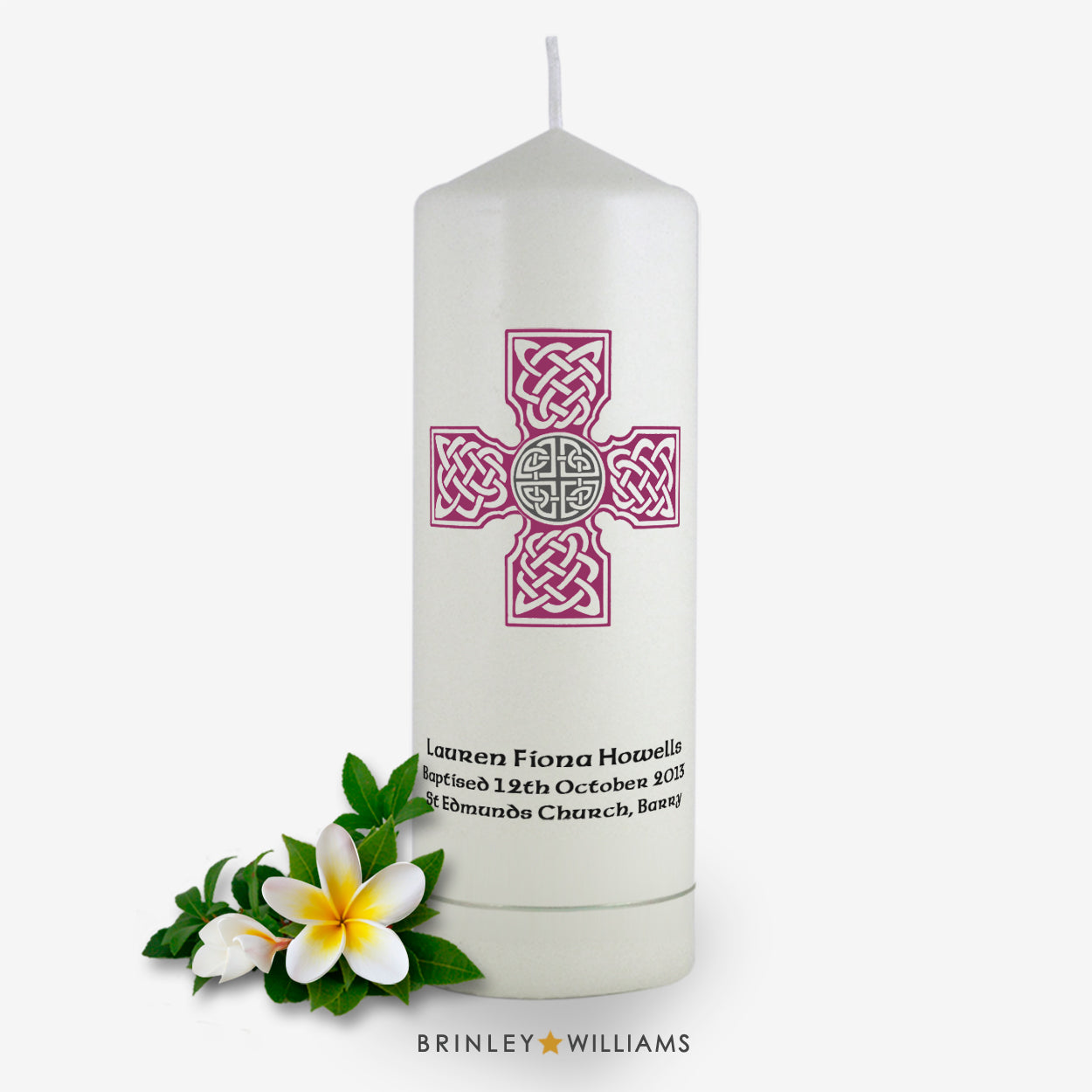 Celtic Brooch Personalised Baptism Candle - Burgundy