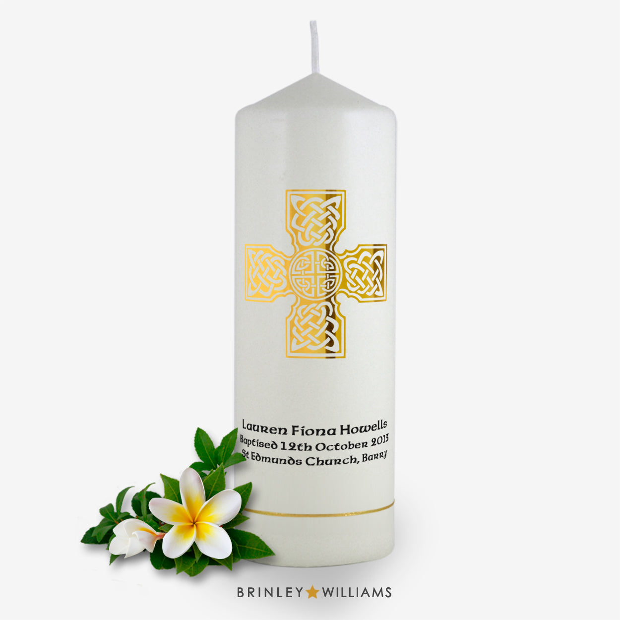 Celtic Brooch Personalised Baptism Candle - Gold Foil