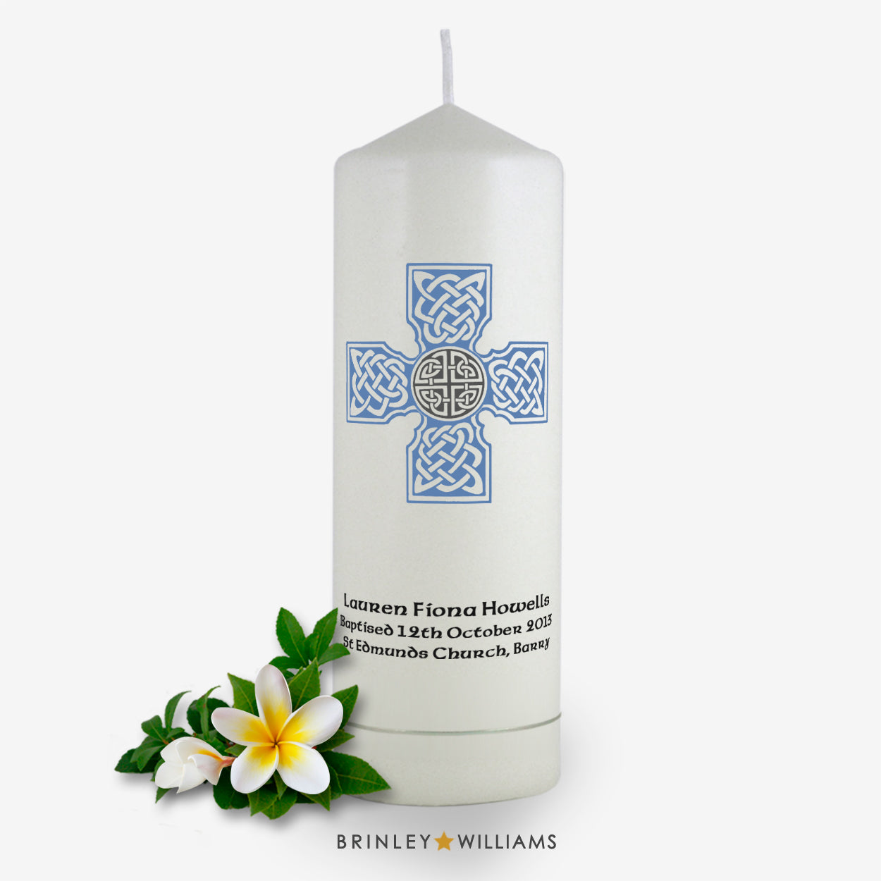 Celtic Brooch Personalised Baptism Candle - Sky Blue