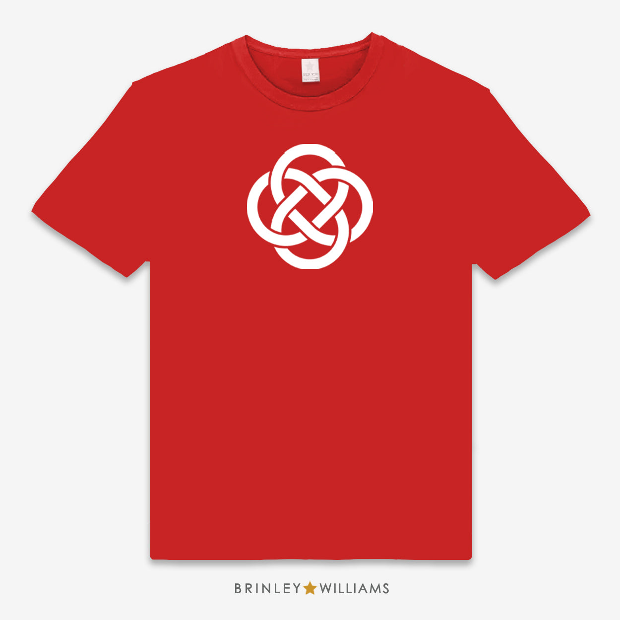 Red unisex t-shirt printed with a large  white Celtic knot design