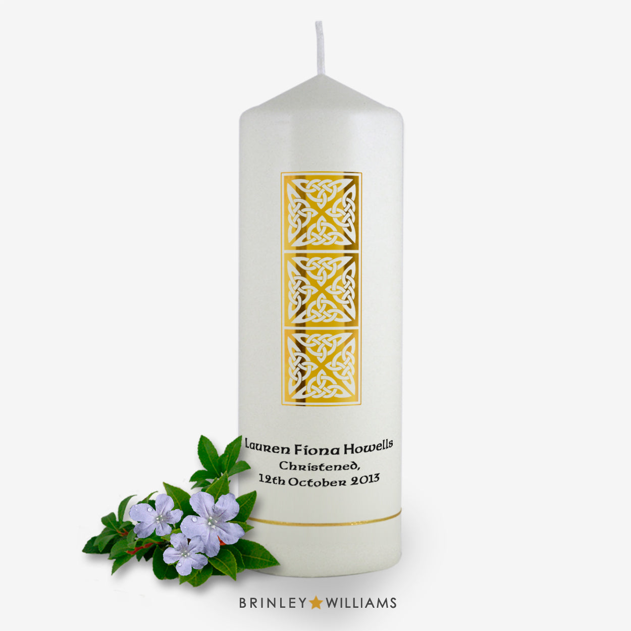 Celtic Column Personalised Christening Candle - Gold Foil