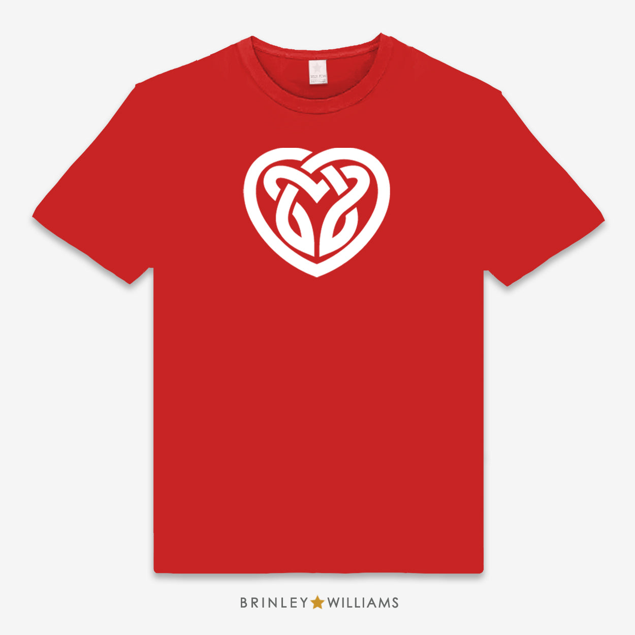 Red unisex t-shirt printed with a white Celtic heart-shaped design