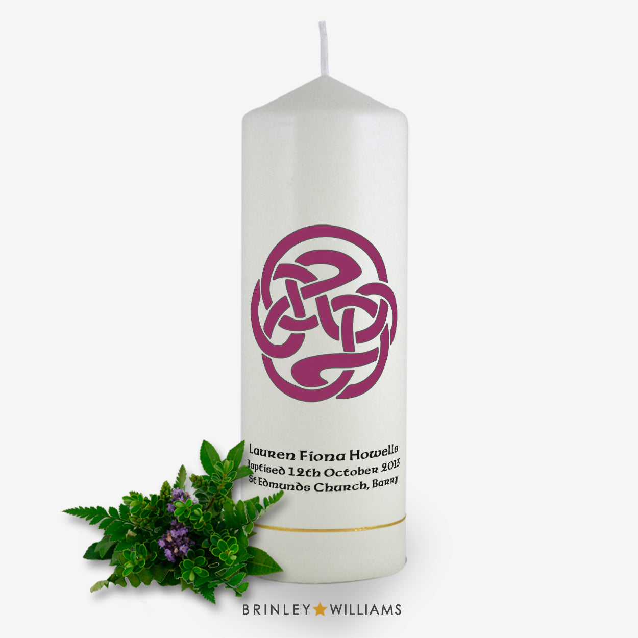 Celtic Spiral Personalised Baptism Candle - Burgundy