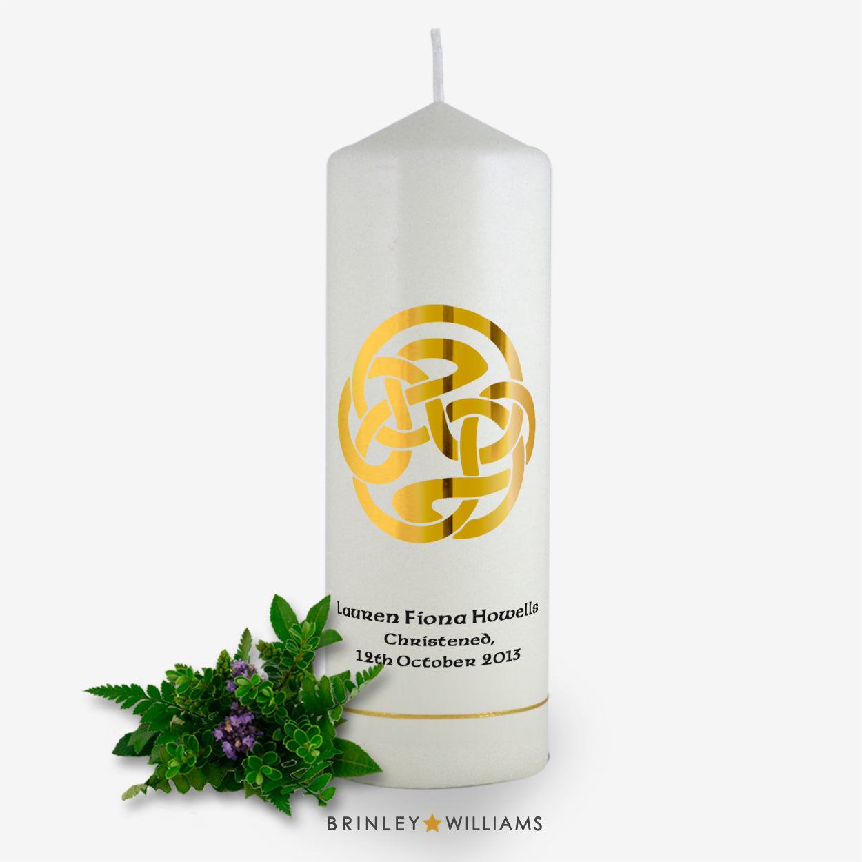 Celtic Spiral Personalised Christening Candle - Gold Foil