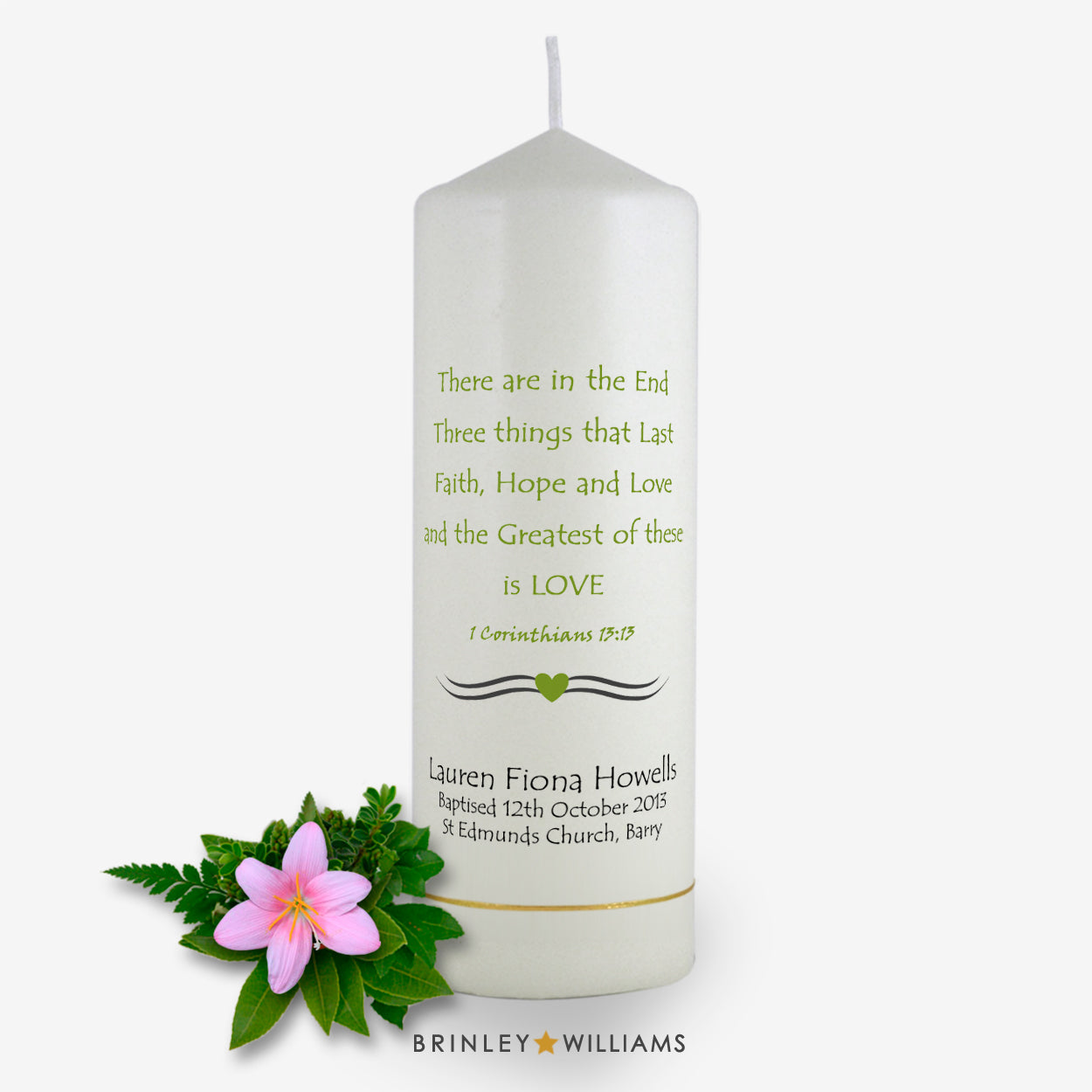 1 Corinthians Personalised Baptism Candle - Emerald