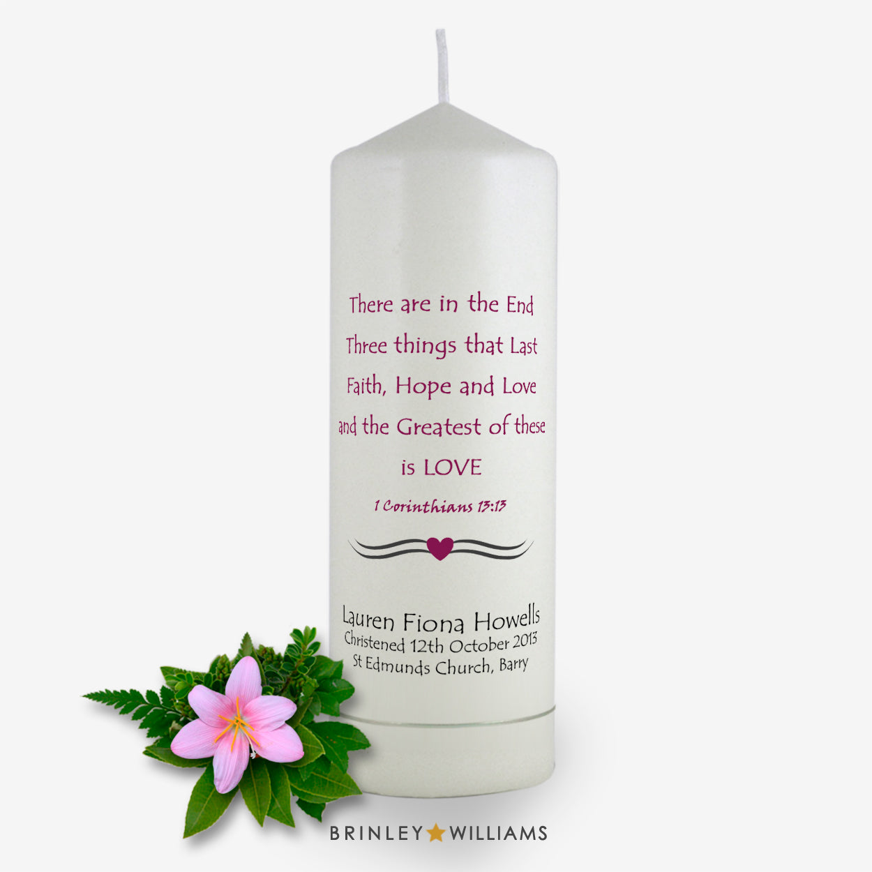 1 Corinthians Personalised Christening Candle - Burgundy