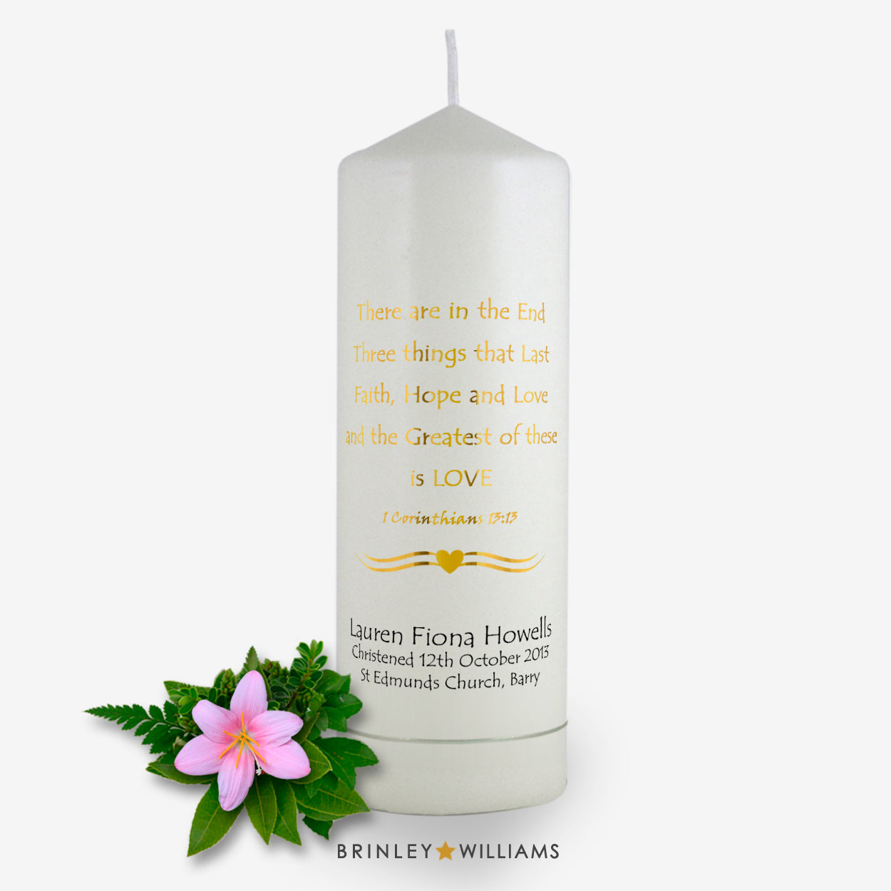 1 Corinthians Personalised Christening Candle - Gold Foil