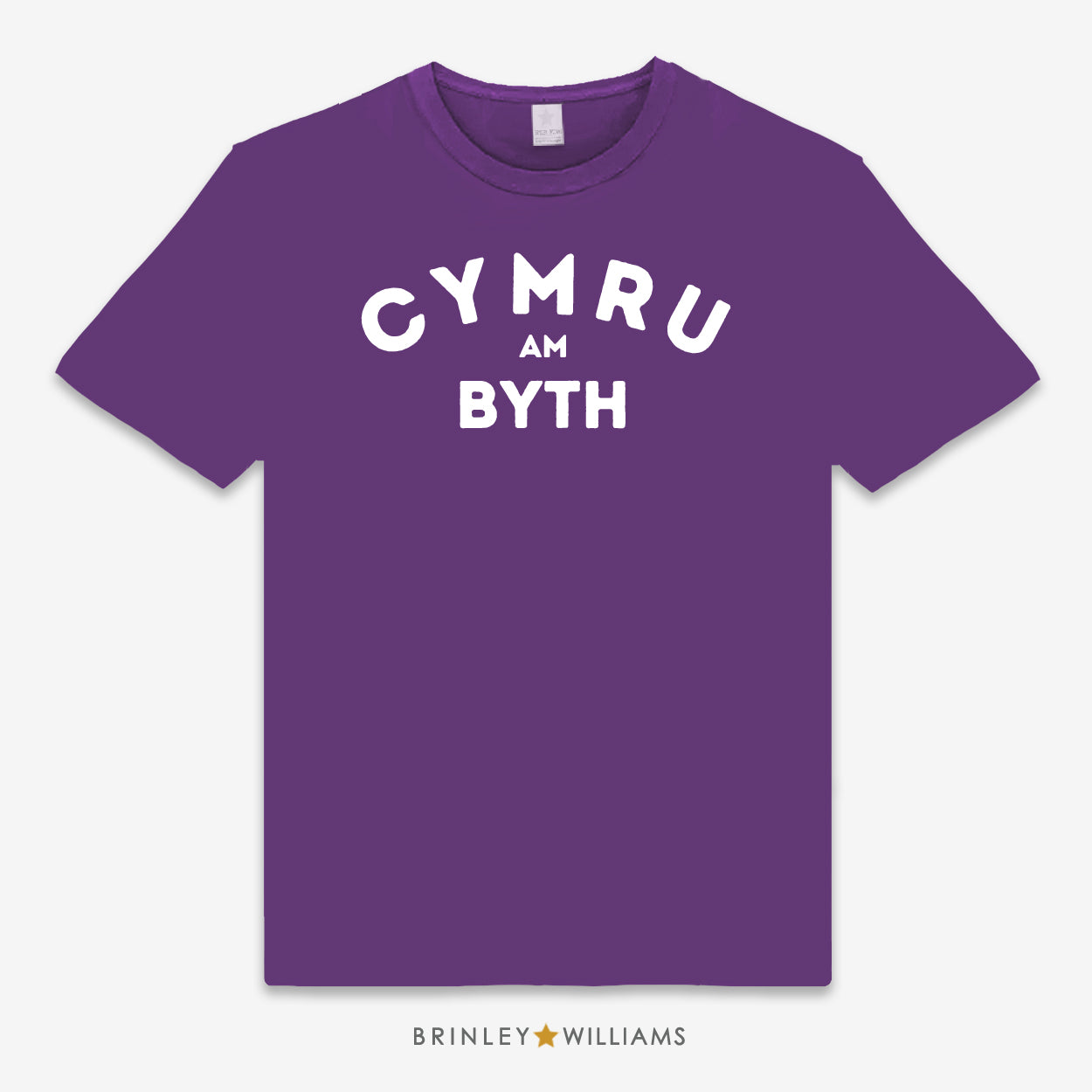 Purple unisex t-shirt printed with a white text 'Cymru am Byth' design