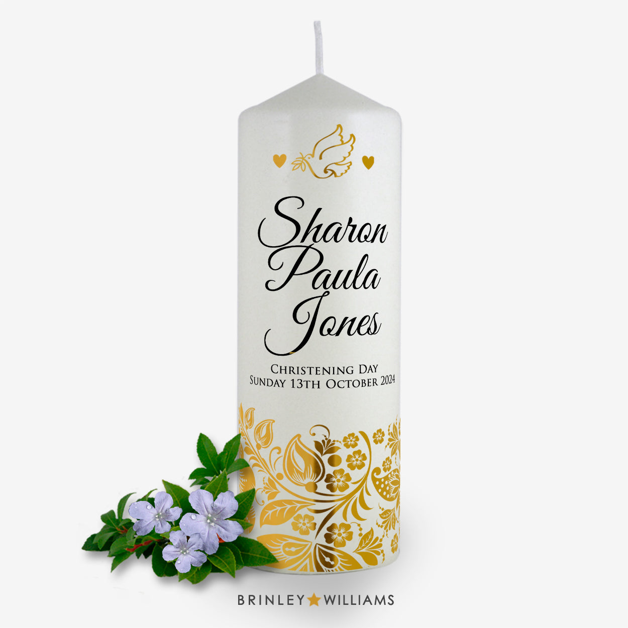 Floral Band Personalised Christening Candle - Gold Foil