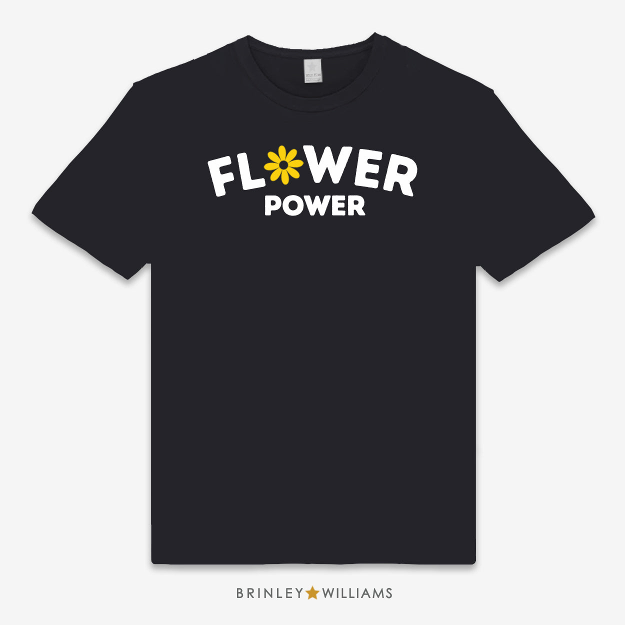 Black unisex t-shirt with 'Flower Power' text design and a flower graphic printed on it