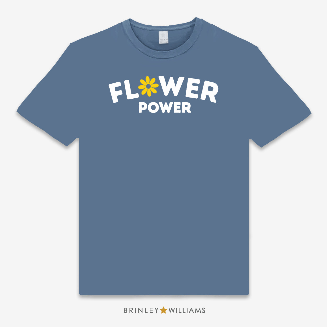 Indigo Blue unisex t-shirt with 'Flower Power' text design and a flower graphic printed on it
