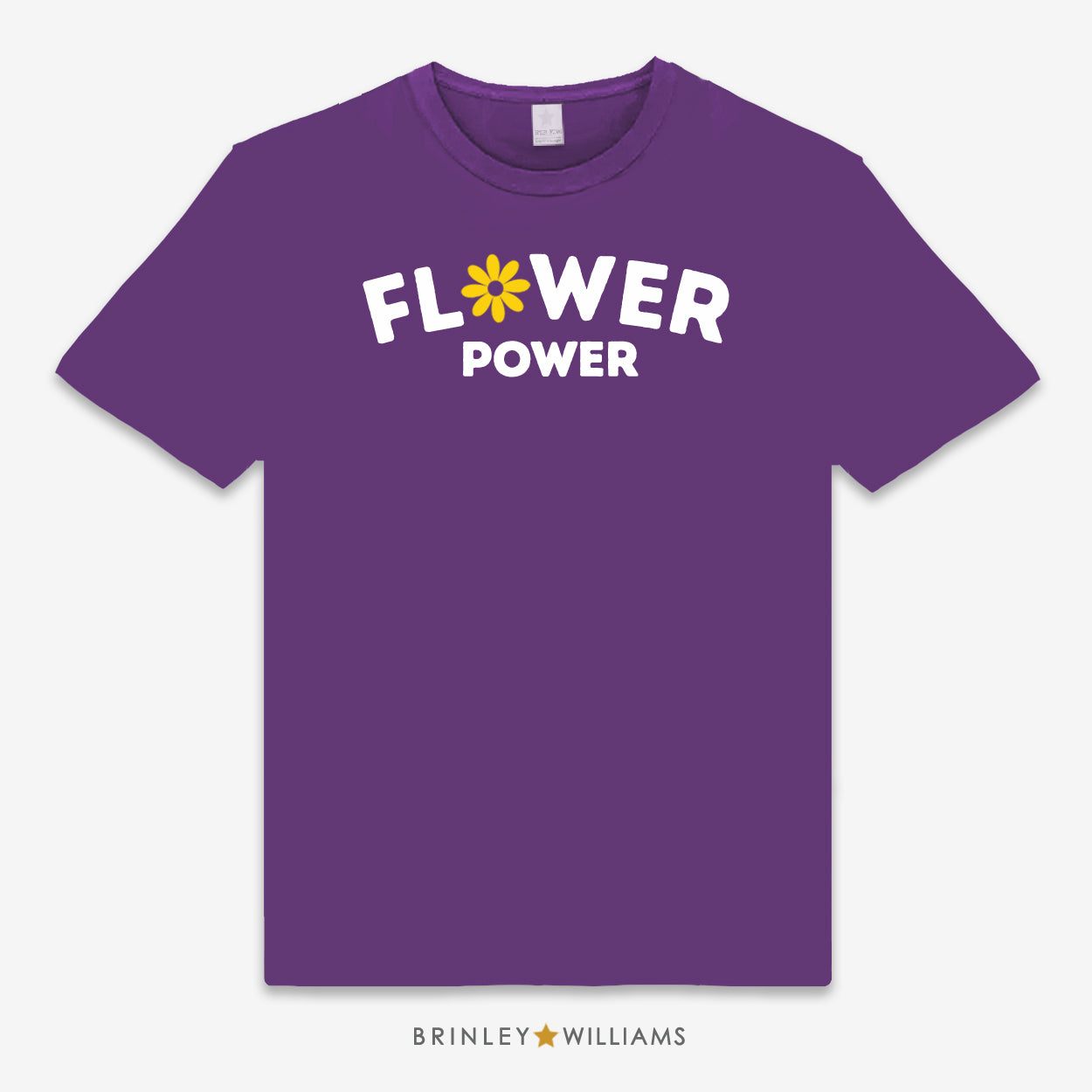 Purple unisex t-shirt with 'Flower Power' text design and a flower graphic printed on it