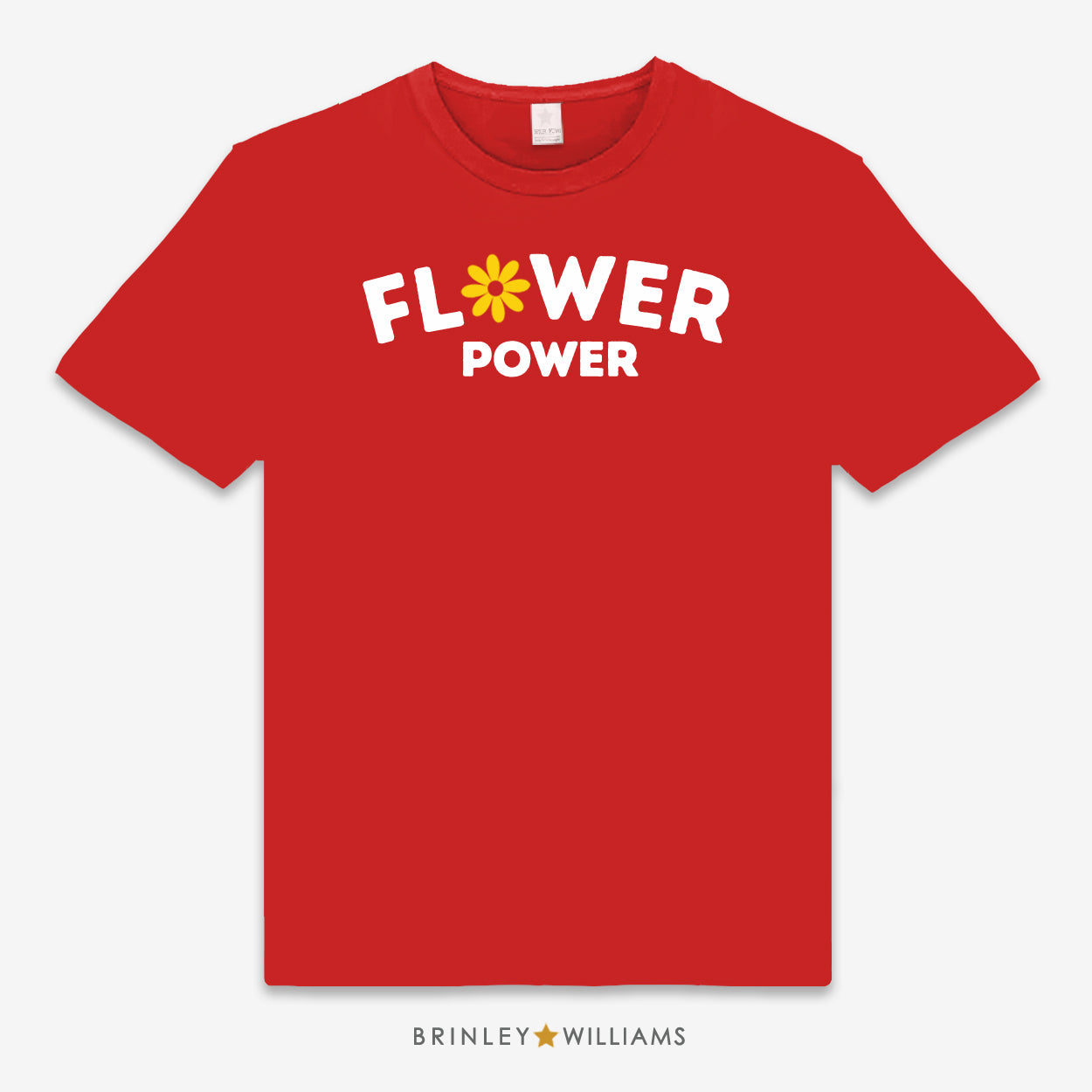 Red unisex t-shirt with 'Flower Power' text design and a flower graphic printed on it