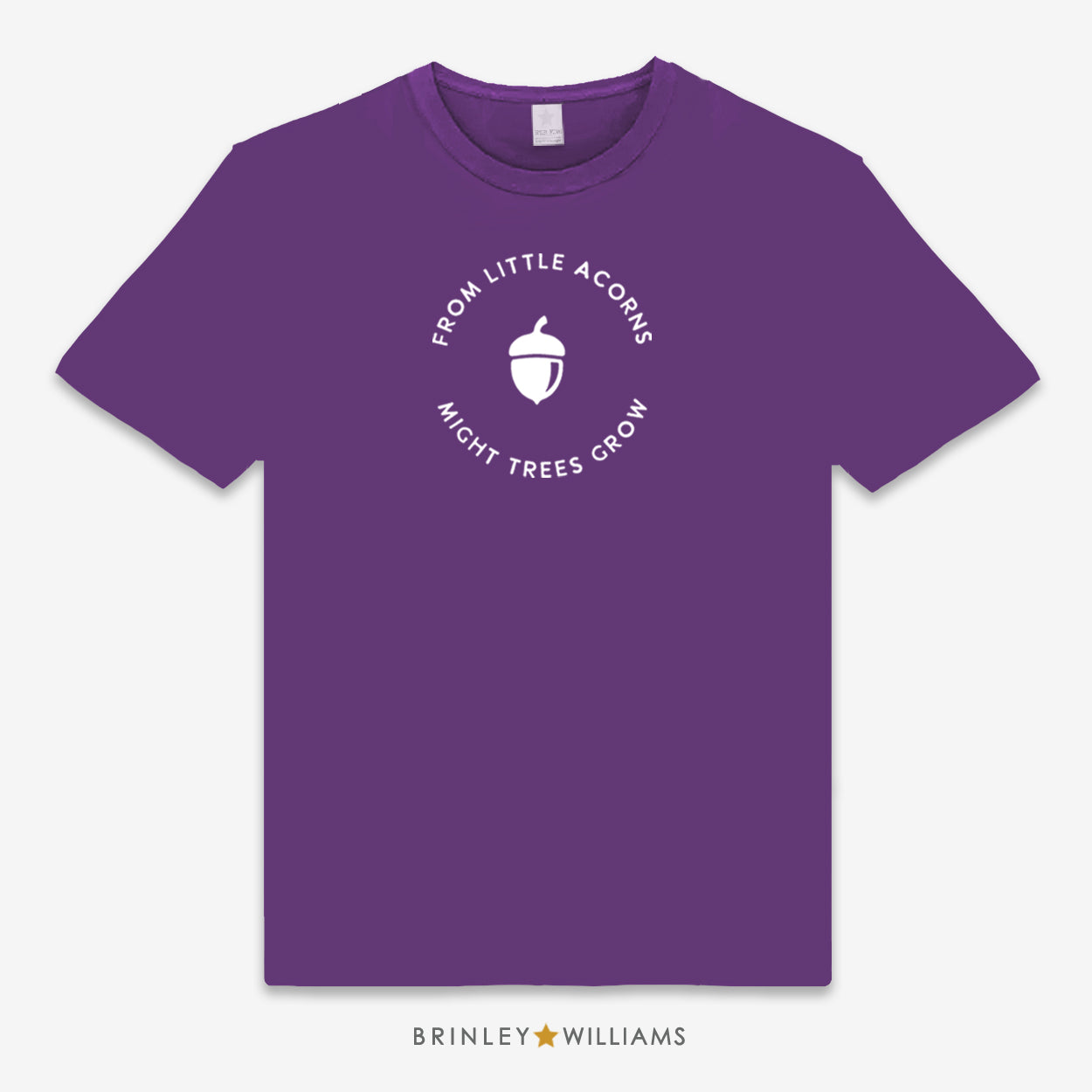 Purple Unisex t-shirt with white Acorn graphic and text