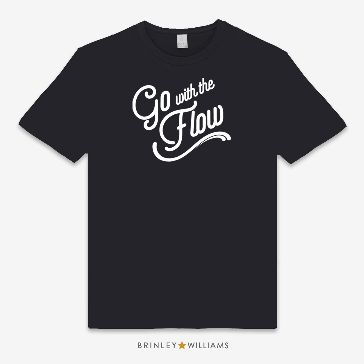 Black unisex t-shirt with 'Go with the Flow' text design printed on it
