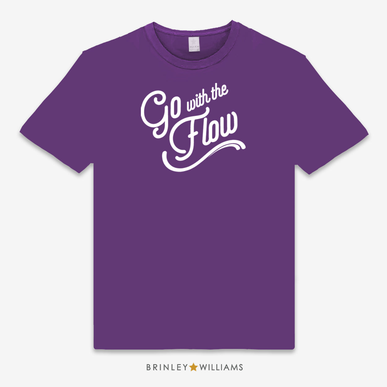 Purple unisex t-shirt with 'Go with the Flow' text design printed on it