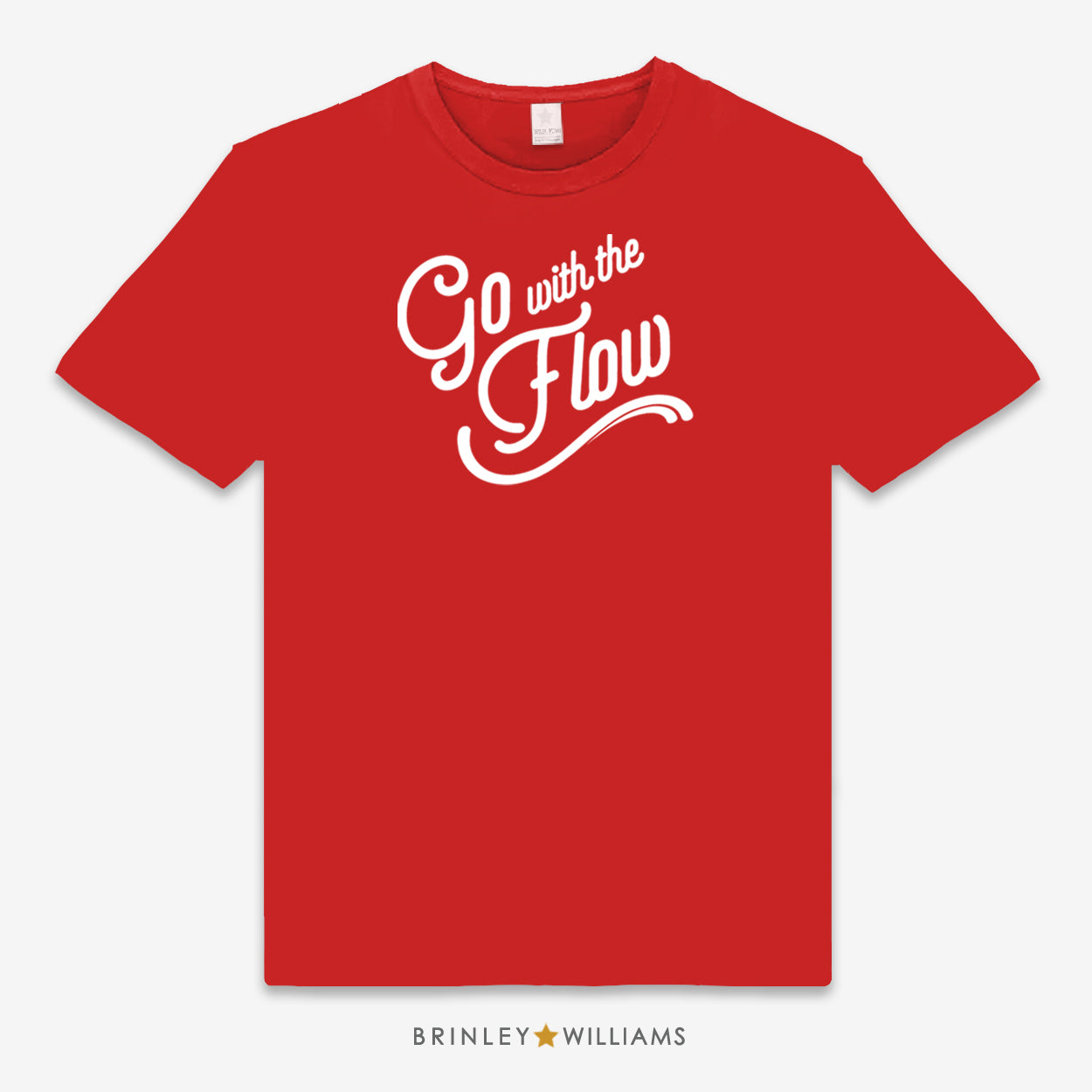 Red unisex t-shirt with 'Go with the Flow' text design printed on it