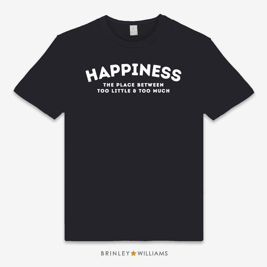 Black Unisex t-shirt with white happiness design & quote printed on it