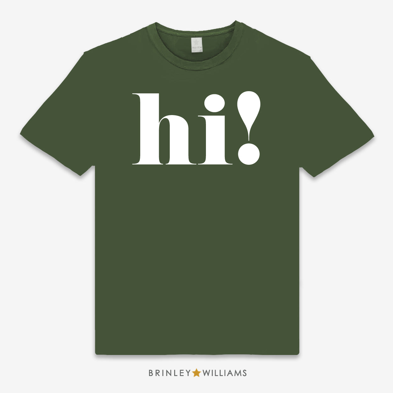 Green unisex t-shirt with large 'hi!' text printed on it